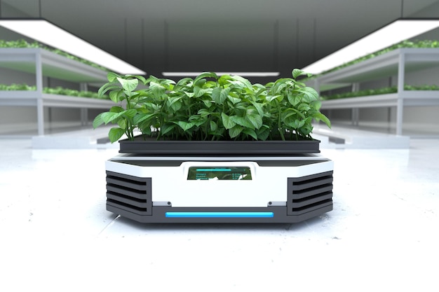 Robot de transporte automático que transporta plantas Concepto de agricultores robóticos inteligentes