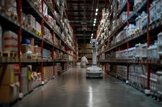 Un robot para el transporte de mercancías está en un almacén con una luz azul en él