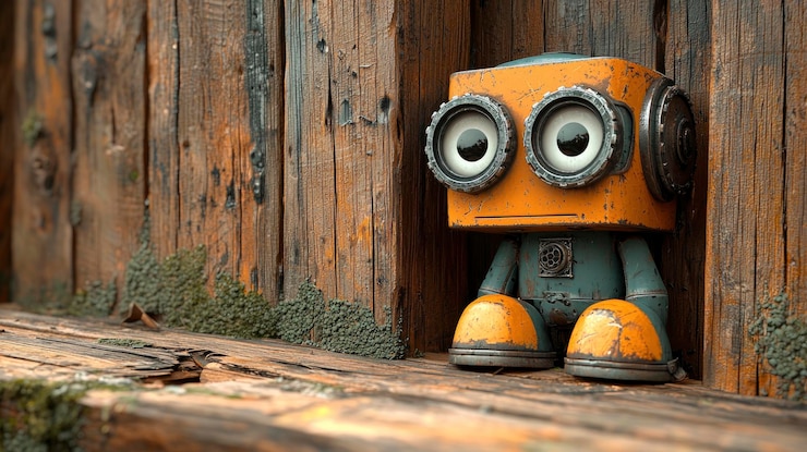 Foto un robot triste sentado en un árbol de madera