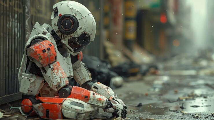 Foto un robot triste y solitario se sienta en una desolada calle urbana futurista