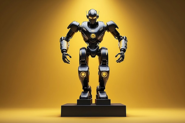 Robot triunfante con cabeza brillante cuerpo de plástico negro brazos y piernas metálicas en el podio sobre fondo de textura amarilla