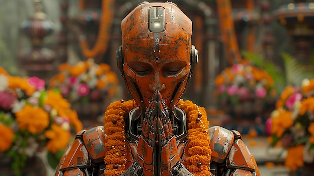 Un robot ultra-realista orando en el templo de Ram en Ayodhya