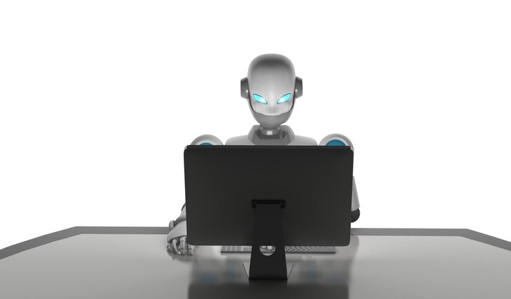 Foto robot usando una computadora contra un fondo blanco