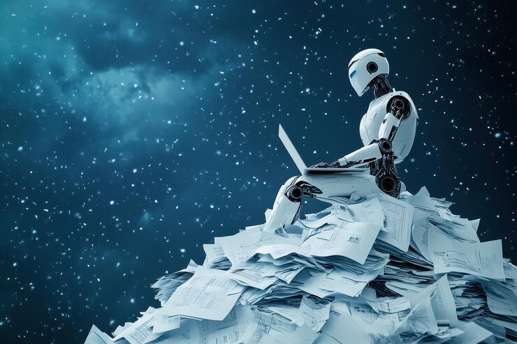 Robot usando una computadora portátil rodeado de pilas de papeles en un entorno de cielo nocturno