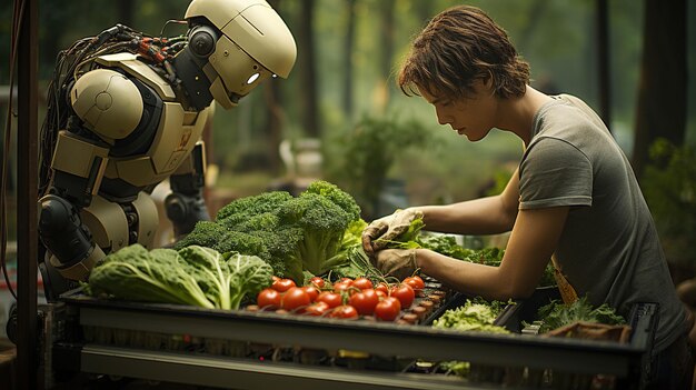 robot vendiendo verduras a un hombre en un mercado de verduras de carro de madera