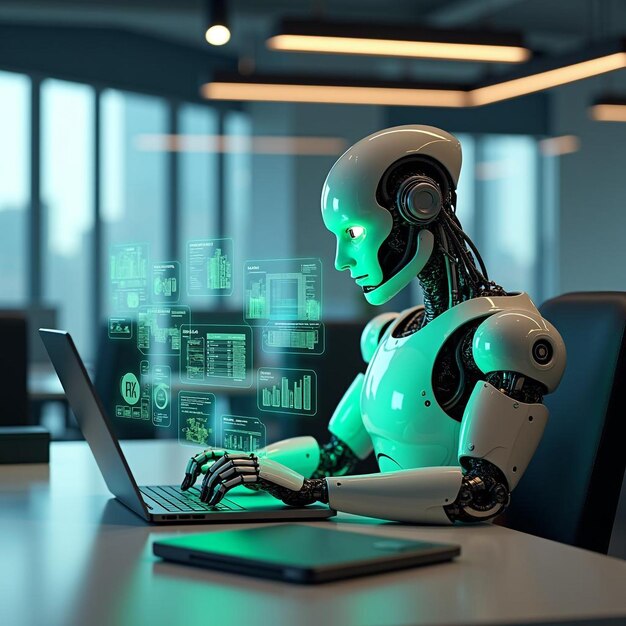 un robot verde se sienta frente a una computadora portátil con una pantalla de números en ella