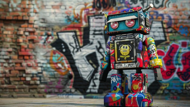 Un robot vibrante se encuentra frente a una pared cubierta de coloridos graffitis