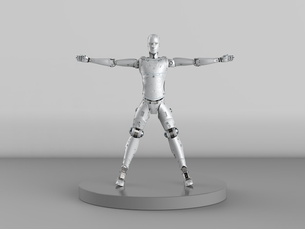 Robot de vitruvio de representación 3D o cyborg sobre fondo gris