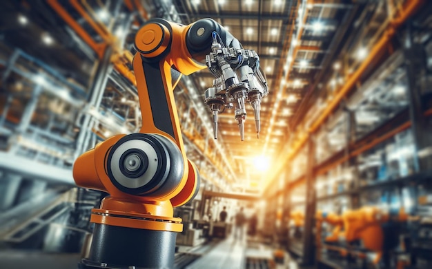 Robotarm moderne Fertigungsanlage Beförderer und Maschinen, die durch KI-Systeme gesteuert werden Fabrik