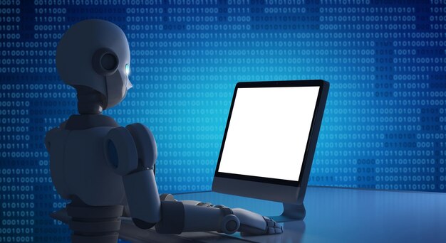Roboter benutzen einen Computer vor weißem Hintergrund