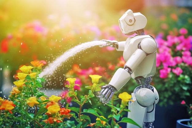 Roboter, der Blumen im Garten gießt, generative KI