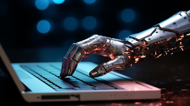 Roboter, der den Computer mit der Hand berührt Generative KI