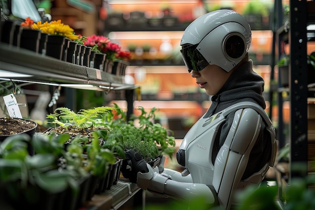 Roboter, der im Gewächshaus arbeitet, intelligenter digitaler Assistent, der Pflanzen und Blumen beobachtet