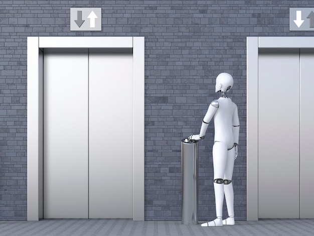 Roboter, der vor Aufzug steht