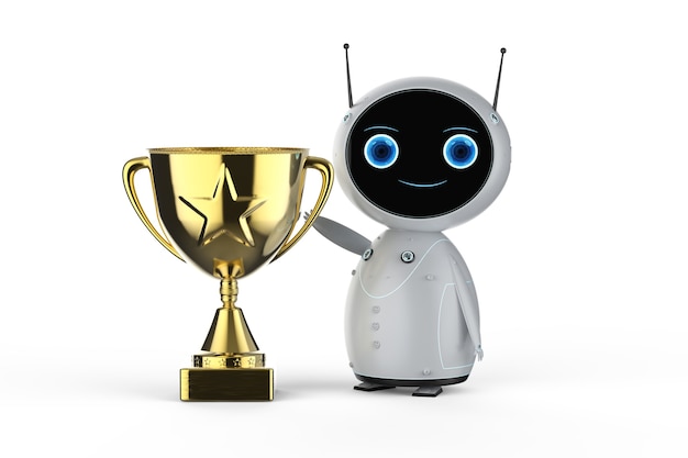 Roboter der Wiedergabe 3d, der goldene Trophäe hält