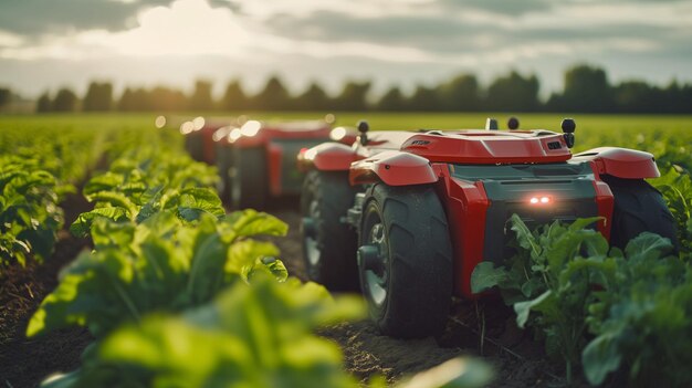 Roboter, die Pflanzen auf einem Feld ernten, die die Integration der Robotik in die Landwirtschaft hervorheben