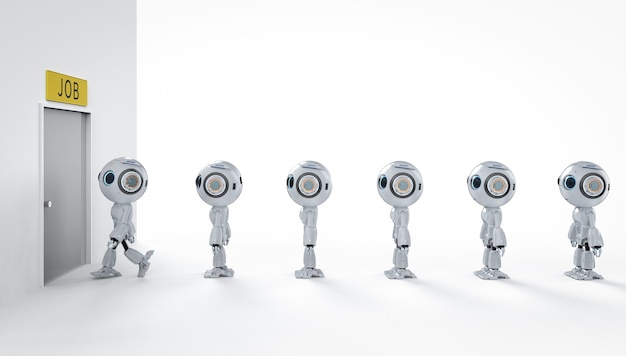 Roboter ersetzen das menschliche Jobkonzept durch 3D-Rendering-Roboter im Einklang mit der Rekrutierung