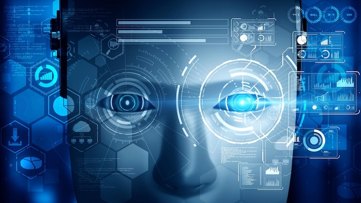 Foto roboter-hominoid-gesicht aus nächster nähe mit grafischem konzept der big-data-analyse