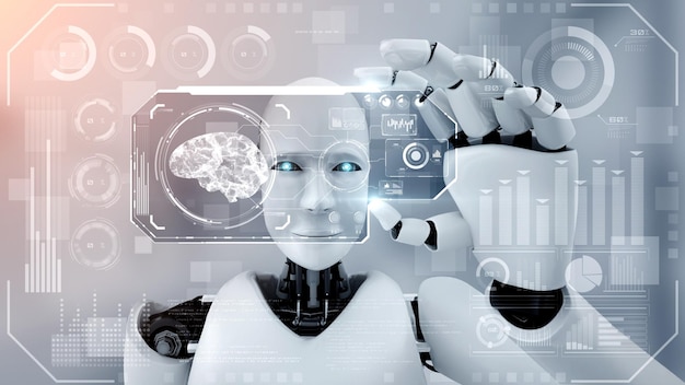 Roboter-Hominoide halten einen HUD-Hologramm-Bildschirm im Konzept des KI-denkenden Gehirns