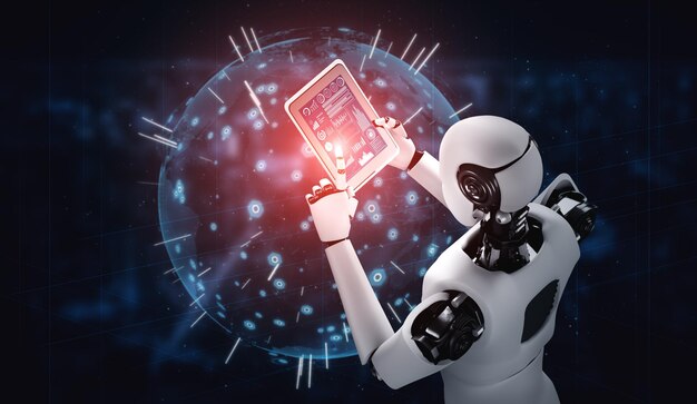 Roboter-Humanoid mit Tablet-Computer für globale Netzwerkverbindung