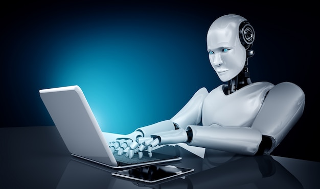 Roboter Humanoid verwenden Laptop und sitzen am Tisch im zukünftigen Büro
