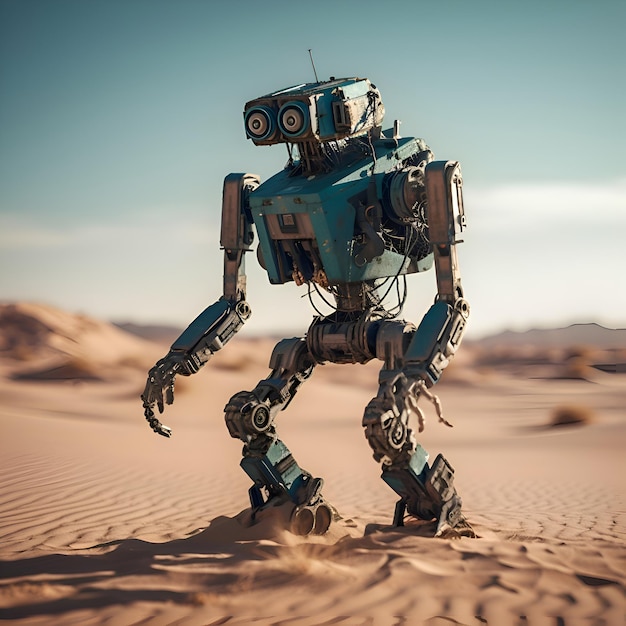 Roboter in der Wüste Retro-Stil getöntes Bild 3D-Rendering