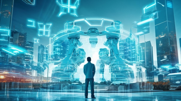 Roboter-KI-Technologie wird von einem futuristischen Architekten eingesetzt, um beim Bau der Strukturen moderner Städte zu helfen