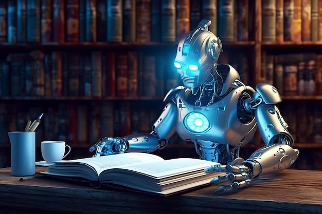 Roboter liest ein Buch im blauen Licht