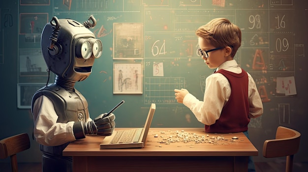 Roboter löst Matheaufgaben mit einem Jungen im Unterricht