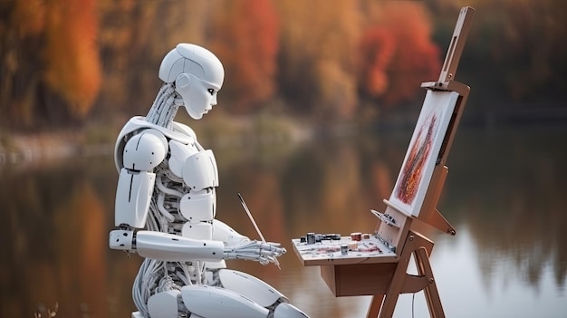 Roboter malt ein Bild in einem Park mit See