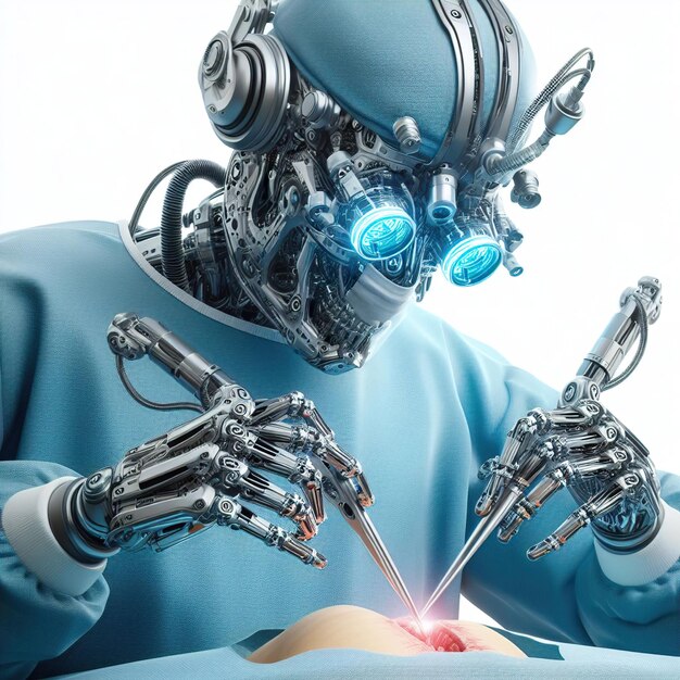 Roboter mit blauem Anzug bei einer medizinischen Operation