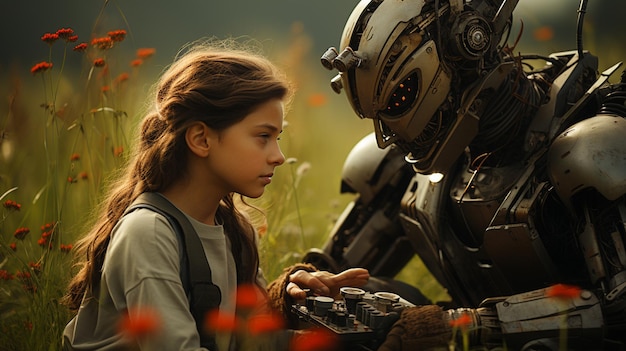 Roboter mit einem kleinen Mädchen auf dem Feld