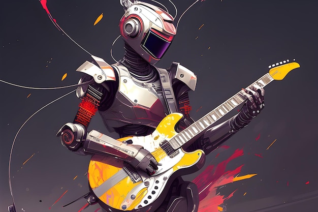 Roboter mit Gitarrenfarbillustration Generative KI