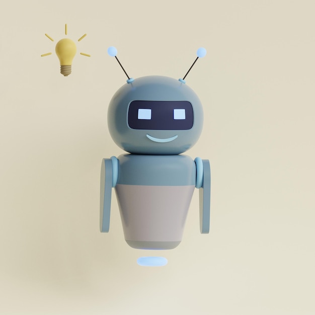 Roboter mit Glühbirne, ich habe eine Idee, Metapher, 3D-Darstellung