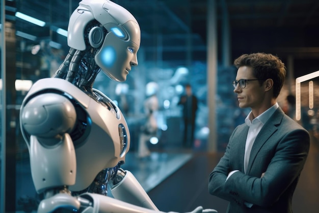 Roboter mit künstlicher Intelligenz interagieren mit menschlicher generativer KI