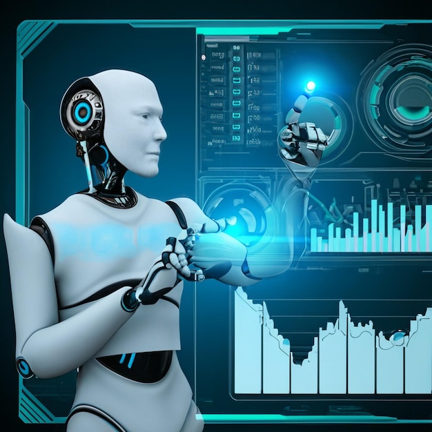 Roboter-RPA-Big-Data-Analyse-Automatisierungs-Handelsroboter-Technologie mit Karren und Diagrammen auf virtuell