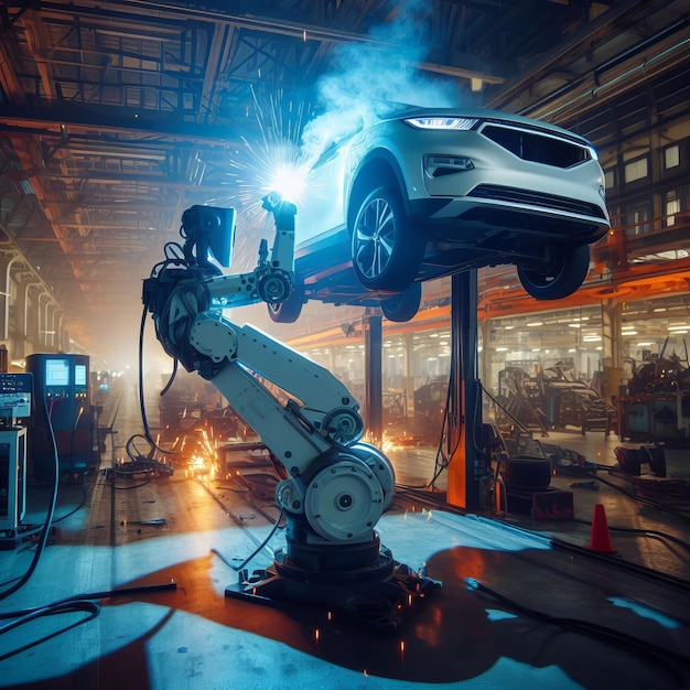 Roboter-Schweißer schweißt ein Teil in einer Automobilfabrik Zukunftstechnologien Robotikindustrie