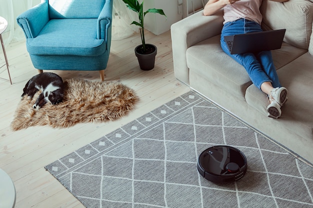 Roboter-Staubsauger, der Teppich, Katze, Frau mit Laptop auf dem Sofa zu Hause säubert