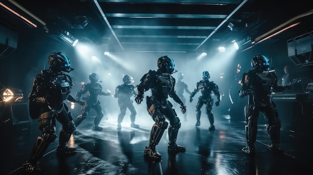 Roboter tanzen in einem von KI generierten Nachtclub