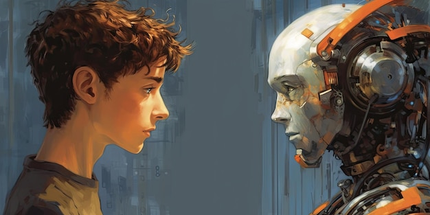Roboter und junger Mann von Angesicht zu Angesicht