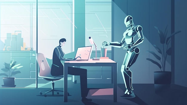 Roboter unterstützen Fachkräfte mit Laptops im Büro bei generativer KI
