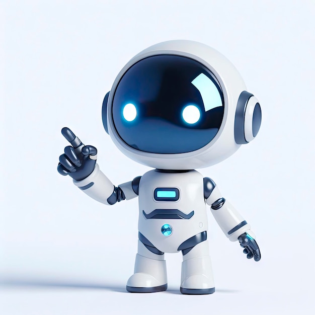 Roboter zeigt mit dem Finger nach oben auf weißem Hintergrund 3D-Charakter Ai generativ