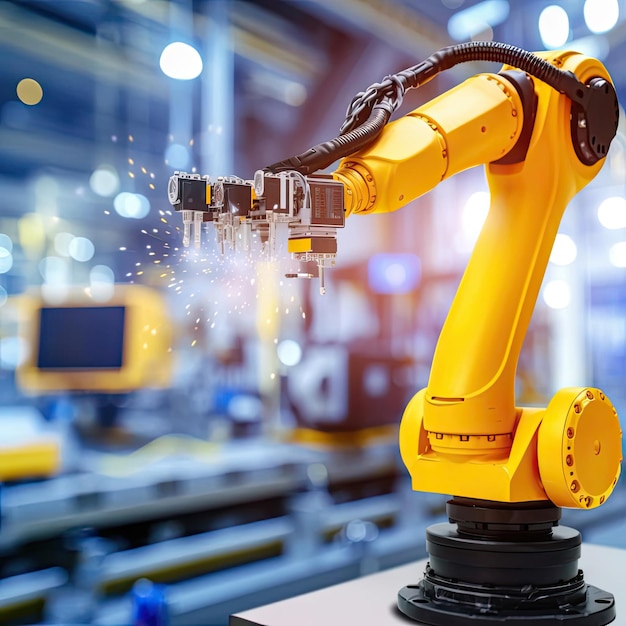 Roboterarm für die Industrie 40 oder 4. Industrielle Revolution und Automatisierung des Herstellungsprozesses