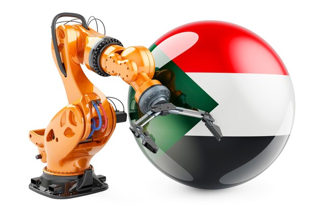 Foto roboterarm mit sudanesischer flagge moderne technologie industrie und produktion im sudan konzept 3d-rendering