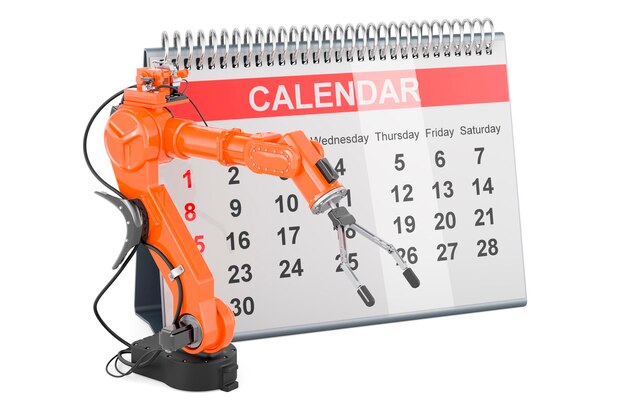 Roboterarm mit Tischkalender 3D-Rendering