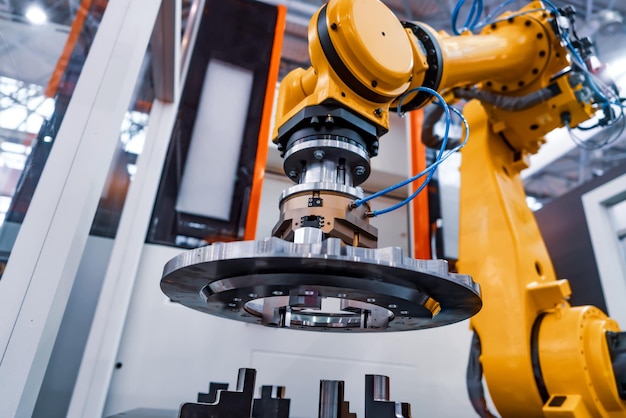 Roboterarm-Produktionslinien moderne Industrietechnologie. Automatisierte Produktionszelle.