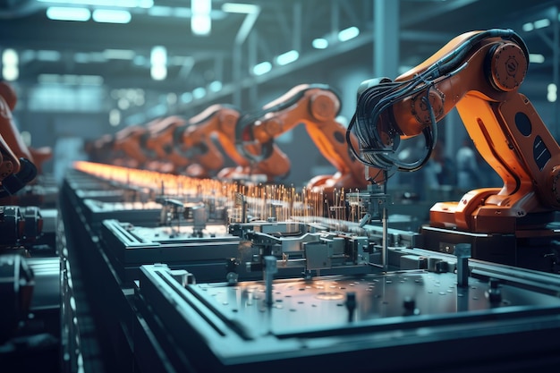 Roboterarme erledigen effizient Aufgaben auf einem Förderband in einer Fabrikumgebung. Präzisionsroboterarme montieren elektronische Komponenten auf einer Fabriklinie. KI-generiert