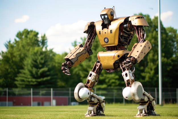 Roboterbein tritt gegen einen mit generativer KI erstellten Fußball