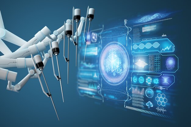 Roboterchirurg, Roboterausrüstung, Manipulatoren. Minimalinvasive chirurgische Innovation mit dreidimensionaler Übersicht. Technologie, die Zukunft der Medizin, Chirurg. 3D-Rendering, 3D-Illustration.