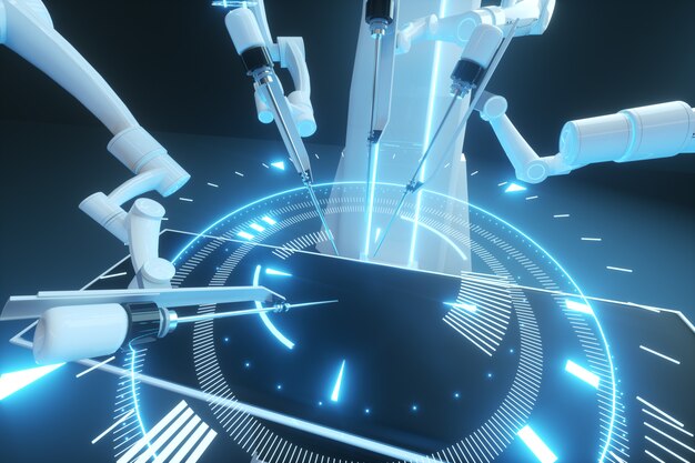 Roboterchirurg, Roboterausrüstung. Minimalinvasive chirurgische Innovation mit dreidimensionaler Übersicht. Technologie, die Zukunft der Medizin, Chirurg. 3D-Rendering, 3D-Illustration.